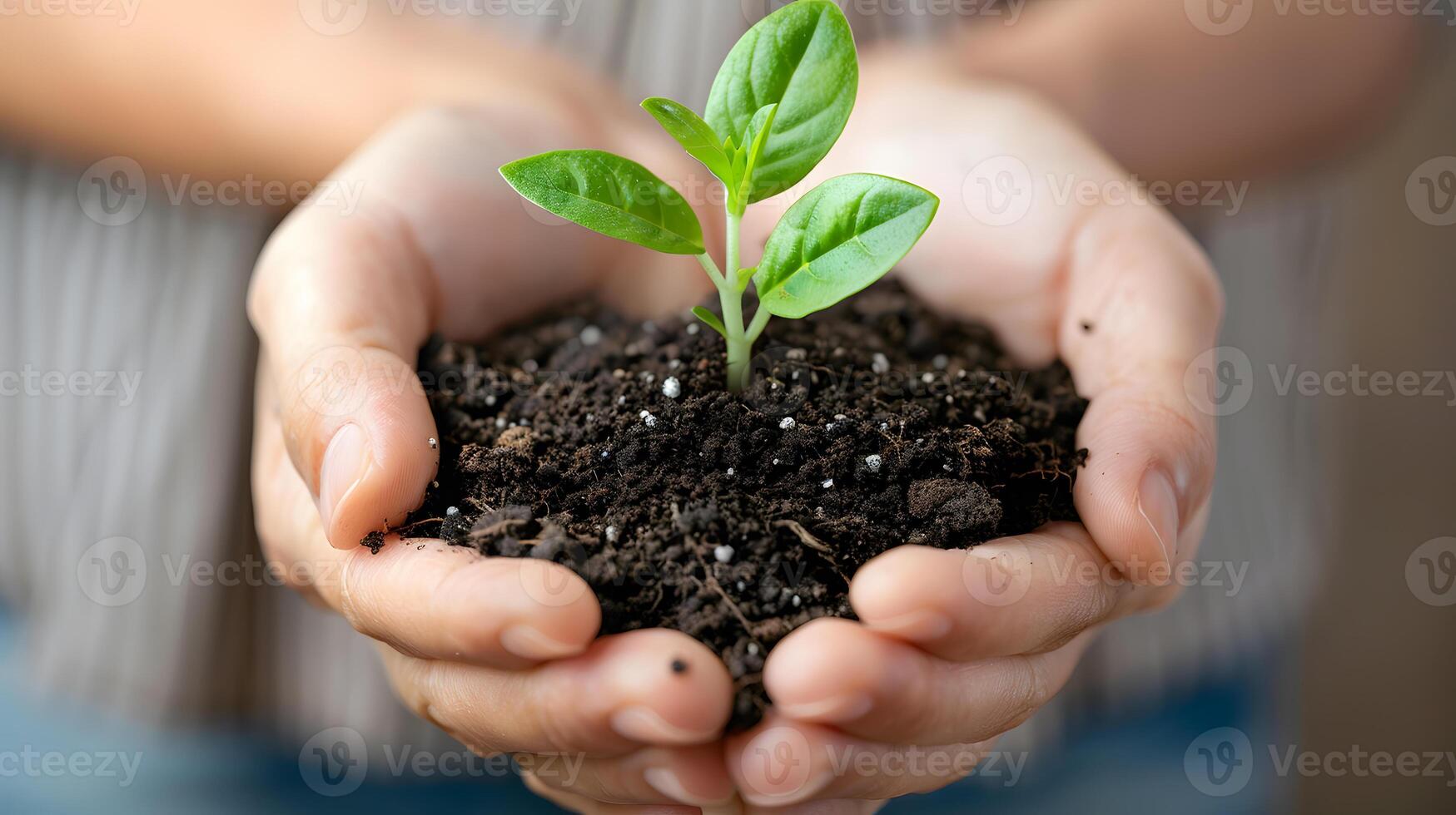 ai generato umano palme hold suolo con un' verde piccolo pianta come un' concetto per attività commerciale sviluppo. ai generato foto