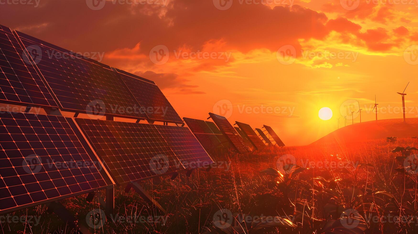 ai generato i campi di solare pannelli e sistemi per produrre verde elettricità. ai generato foto