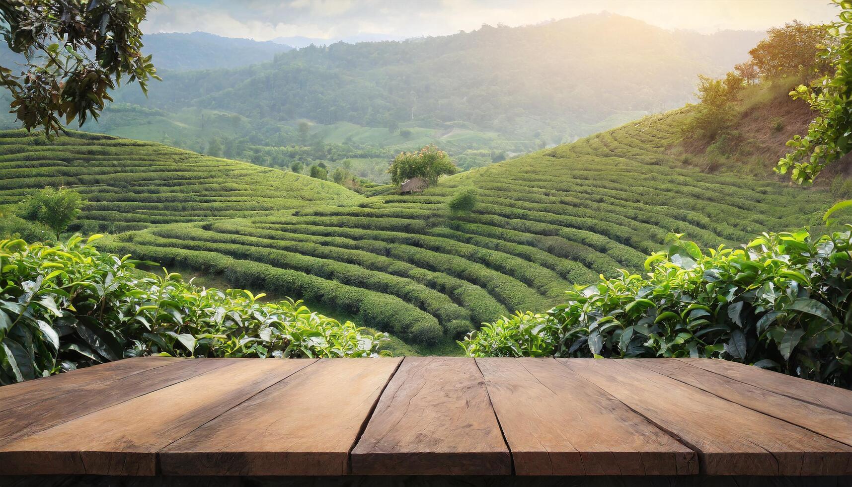 ai generato vuoto legna tavolo per Prodotto presentazione, sfocato natura sfondo nel tè giardino foto