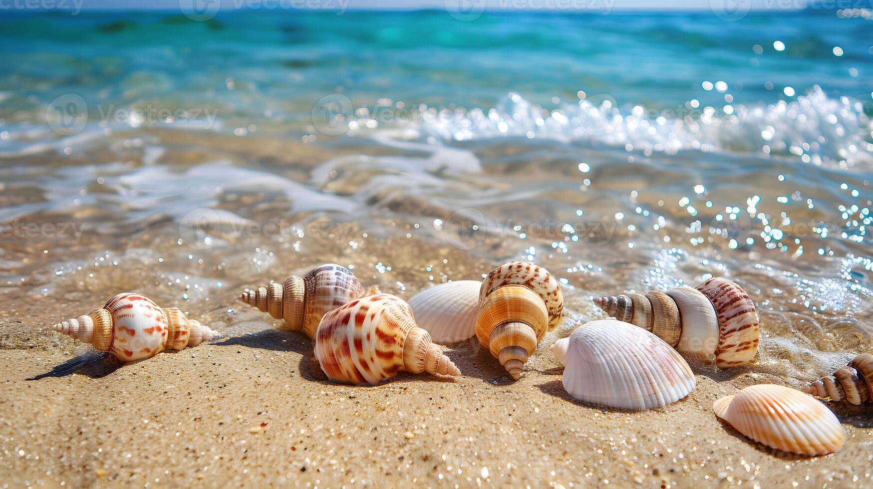 ai generato azzurro costa di il oceano con palma alberi, sabbia, Surf e conchiglie. ai generato foto