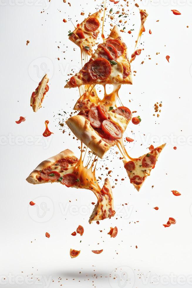 ai generato un' delizioso Pizza con vario condimenti come come Bacon, pomodori, e basilico foglie, caduta a partire dal il cielo. foto