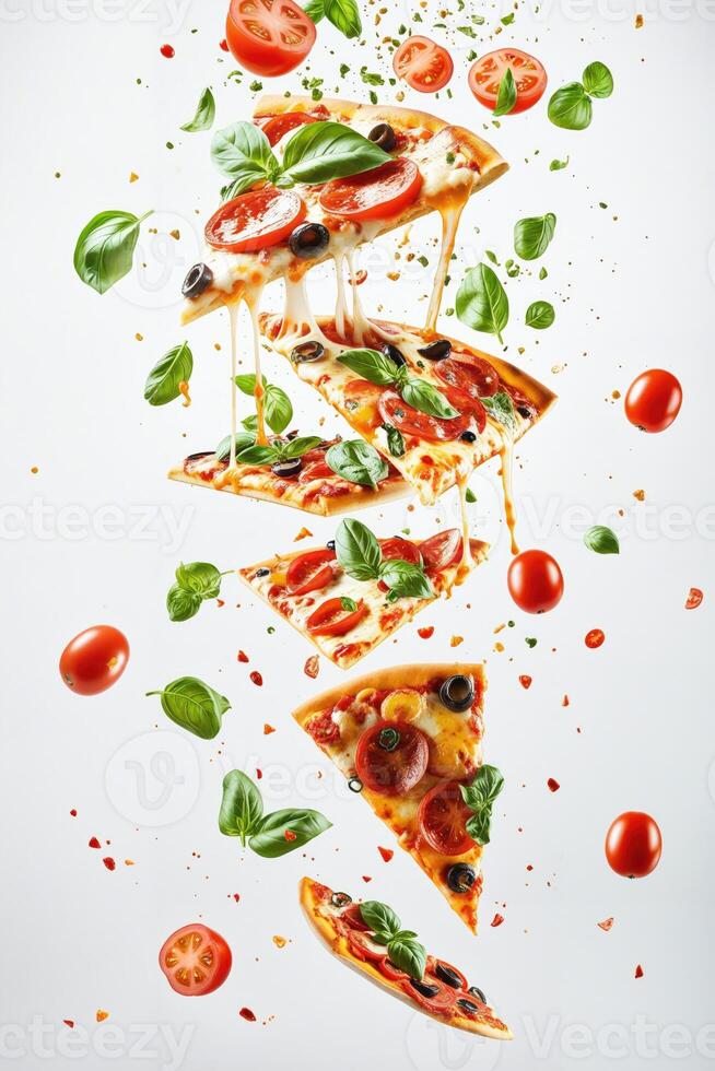 ai generato un' delizioso Pizza con vario condimenti come come Bacon, pomodori, e basilico foglie, caduta a partire dal il cielo. foto