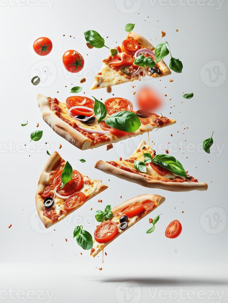 ai generato un' delizioso Pizza con vario condimenti come come Bacon, pomodori, e basilico foglie, caduta a partire dal il cielo. foto