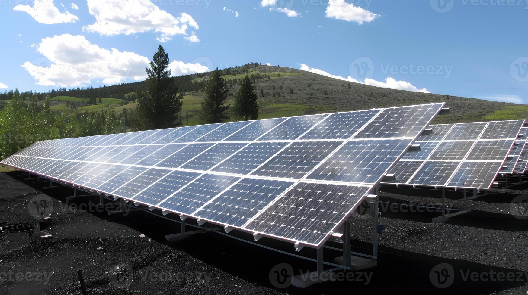 ai generato i campi di solare pannelli e sistemi per produrre verde elettricità. ai generato foto