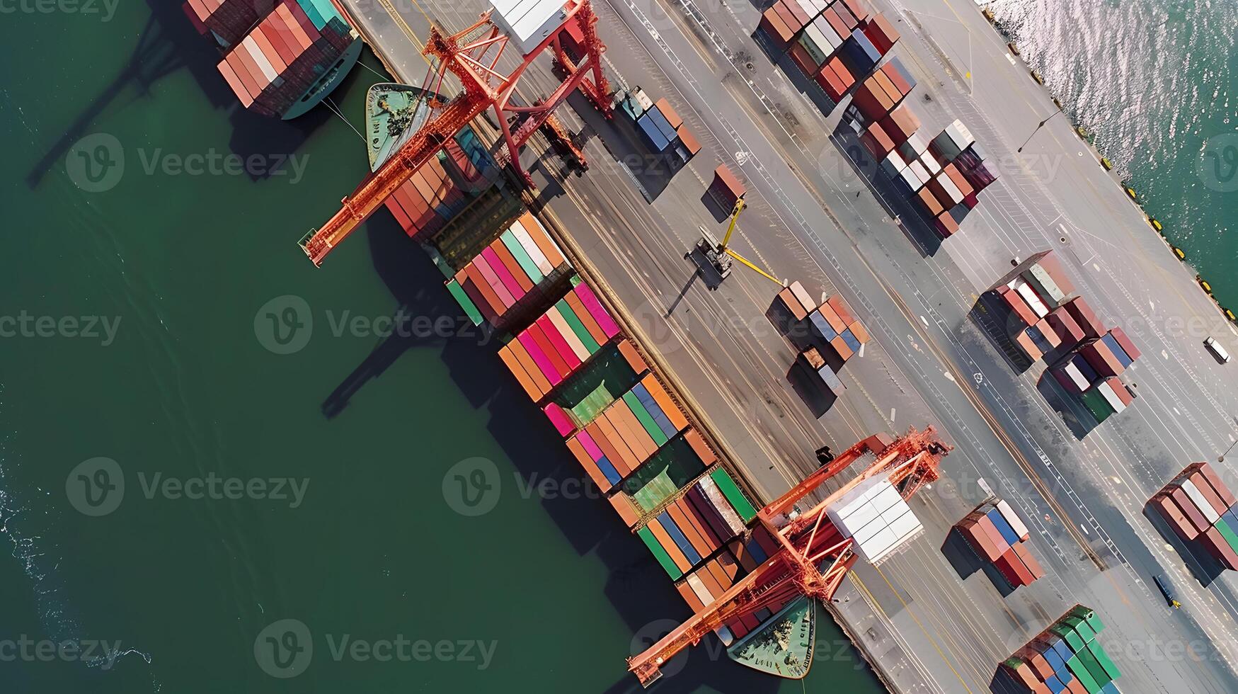 ai generato un' nave per trasporto carico contenitori e anche scarico esso a il banchine di un' carico porta. ai generato foto