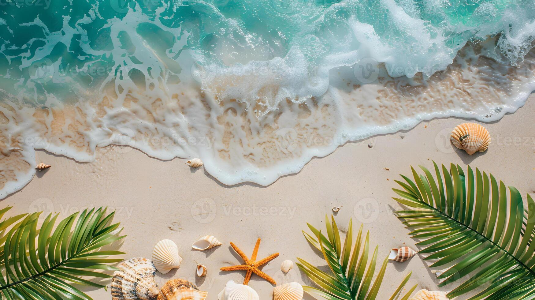 ai generato azzurro costa di il oceano con palma alberi, sabbia, Surf e conchiglie. ai generato foto