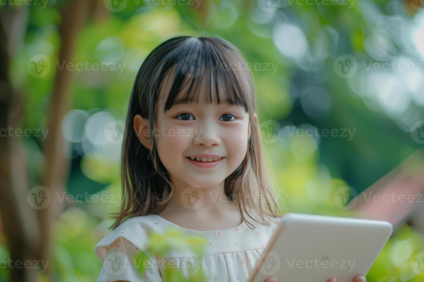 ai generato ritratto di sorridente asiatico ragazza utilizzando tavoletta. formazione scolastica e tecnologia, schermo dipendenza concetto foto