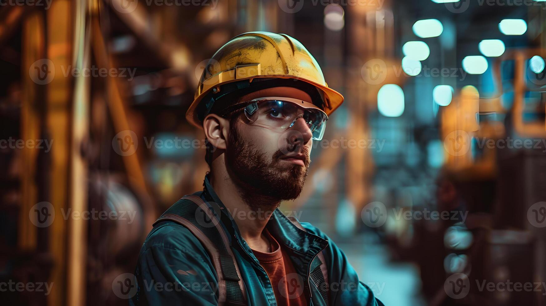 ai generato ritratto di un' Lavorando uomo nel un' uniforme e un' difficile cappello. ai generato foto