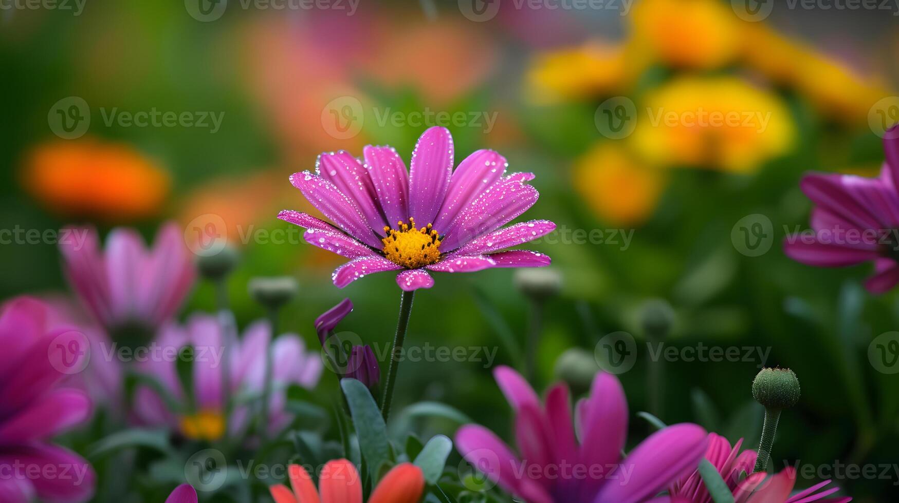 ai generato viola margherita con mattina rugiada contro un' lussureggiante giardino sfondo foto