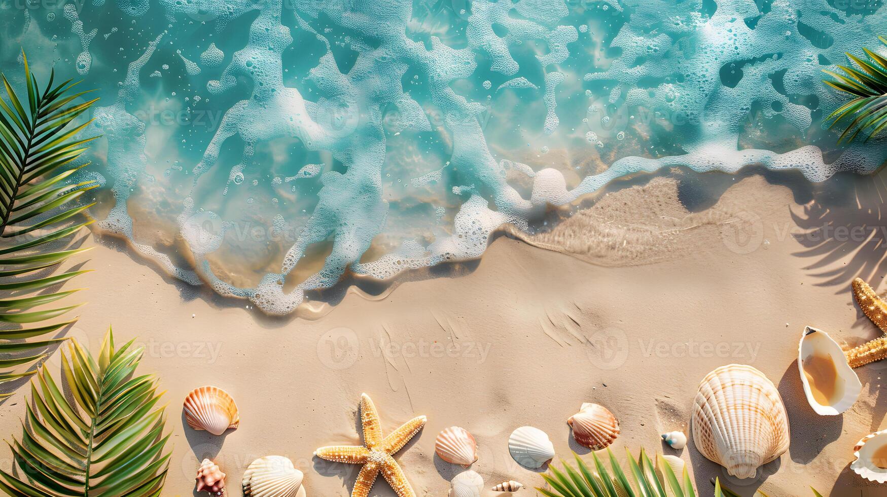 ai generato azzurro costa di il oceano con palma alberi, sabbia, Surf e conchiglie. ai generato foto