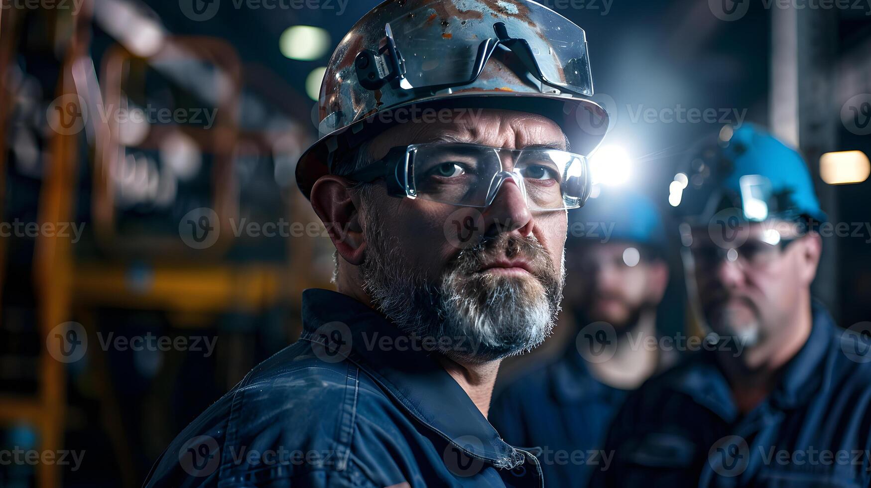 ai generato ritratto di un' Lavorando uomo nel un' uniforme e un' difficile cappello. ai generato foto