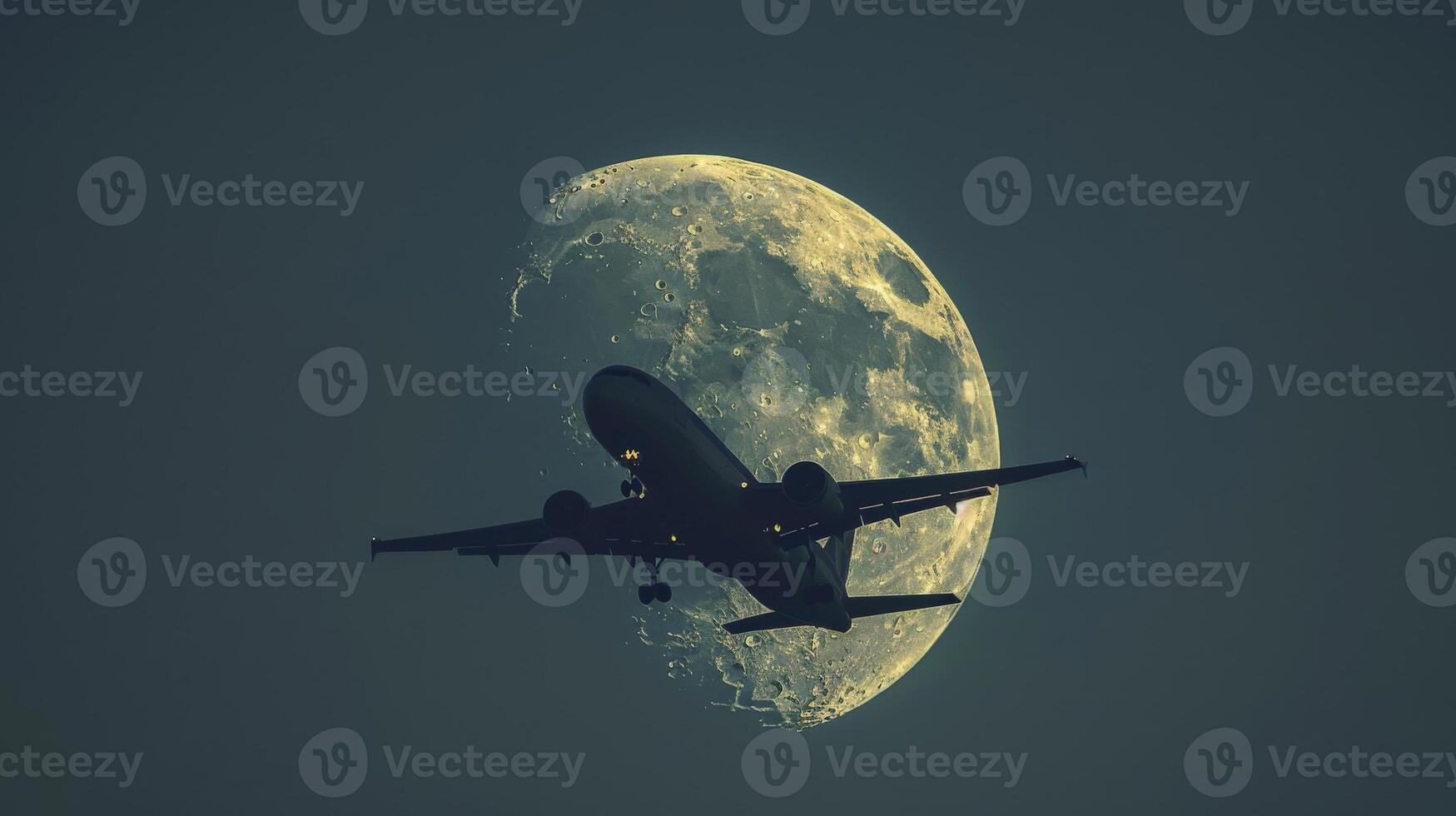 ai generato un aereo volante alto e lento passato un' mezzaluna Luna, rivista stile, Candido scatti foto