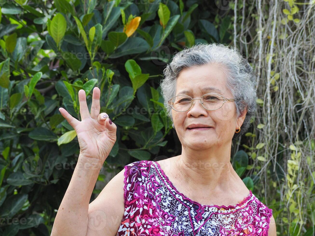 un' anziano asiatico donna con corto bianca capelli sorridente e guardare a il telecamera mentre in piedi nel un' giardino foto