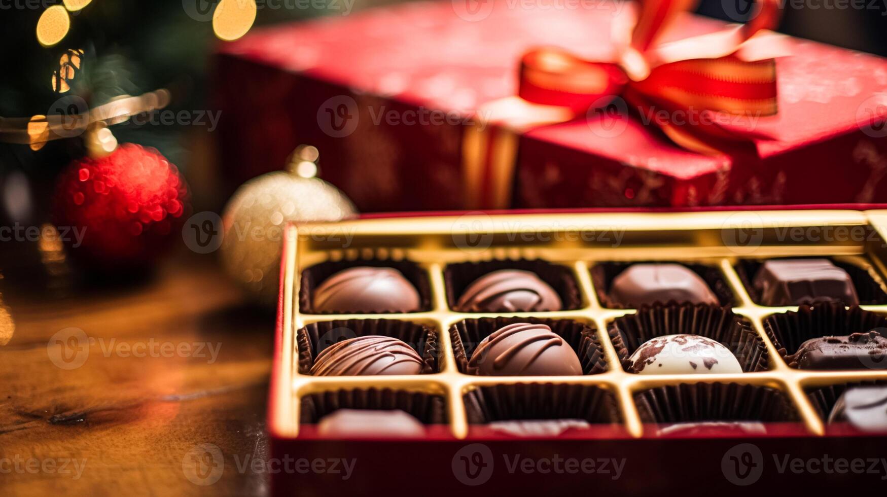 ai generato Natale regalo, vacanze e celebrazione, scatola di cioccolato praline, inverno vacanza regalo foto