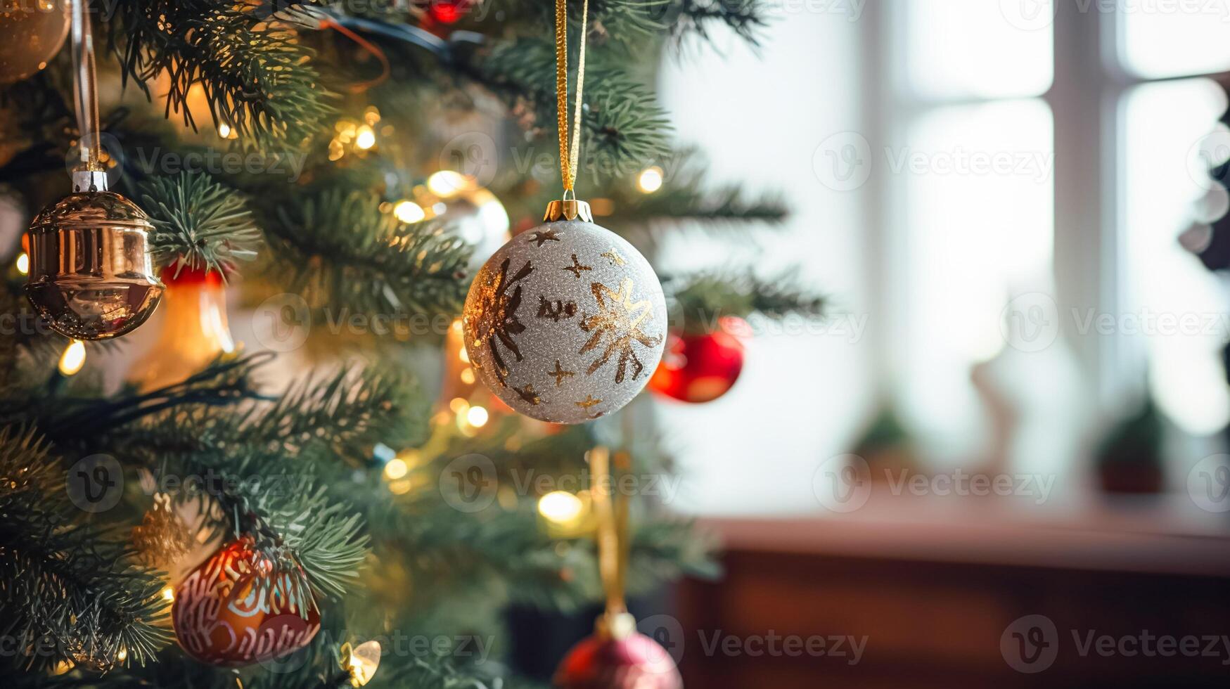 ai generato Natale albero decorazioni per il inglese nazione villetta, casa arredamento, Casa nel il campagna e vacanza celebrazione foto