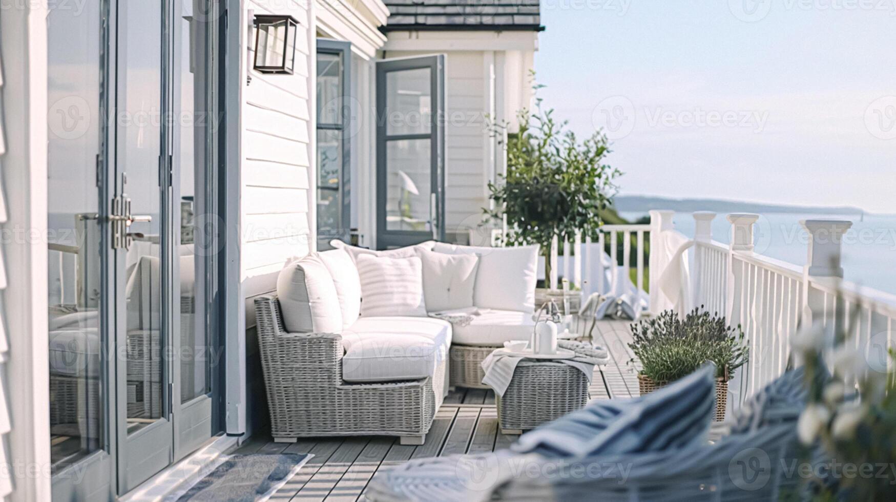 ai generato bianca costiero Villetta terrazza arredamento nel il inglese campagna stile con un' vista sul mare di il mare, casa arredamento e interno design foto