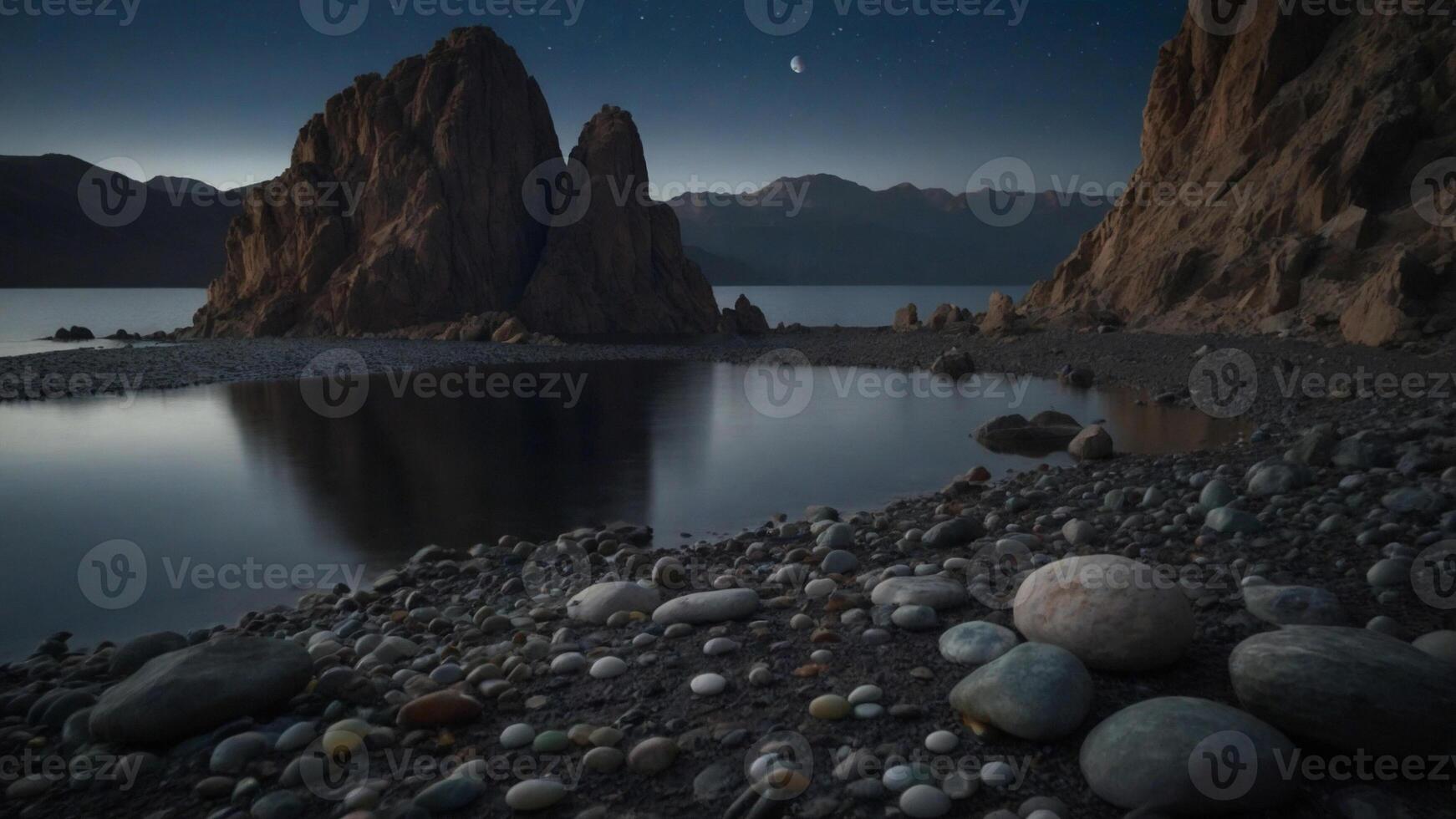 un' in riva al lago scena pieno con ciottoli e rocce quello rifrazione acqua. ai generativo foto