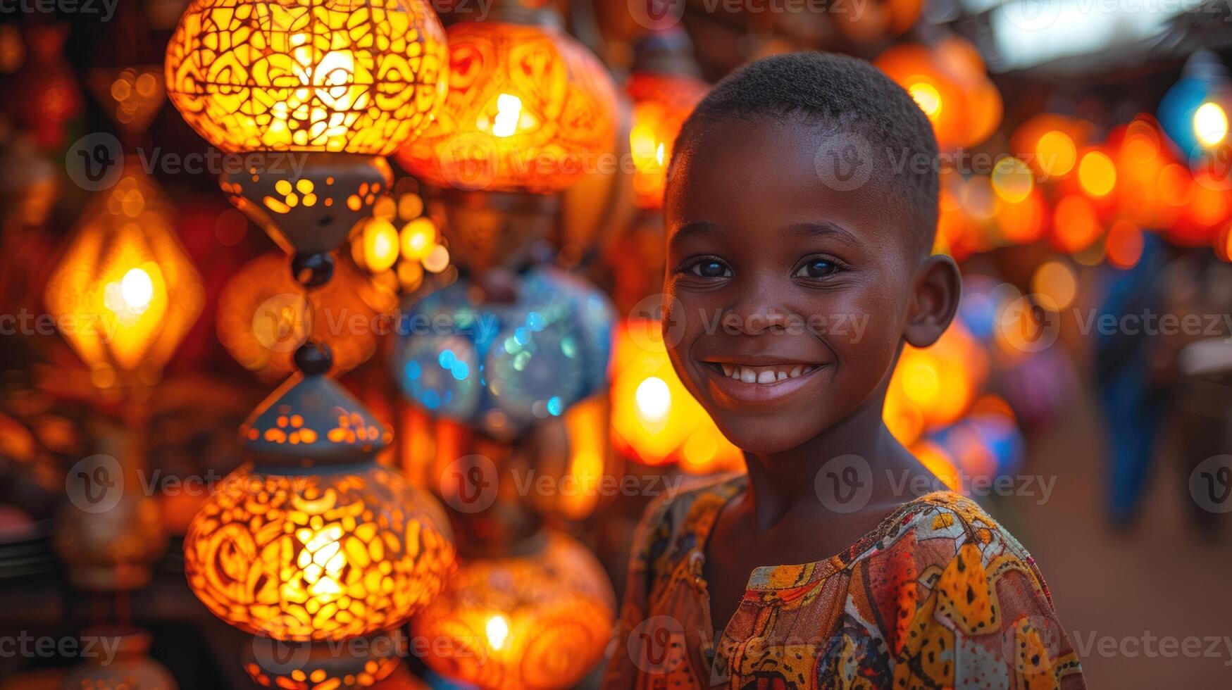 ai generato ai generativo foto di un' contento musulmano ragazzo con Ramadan lanterne nel strade