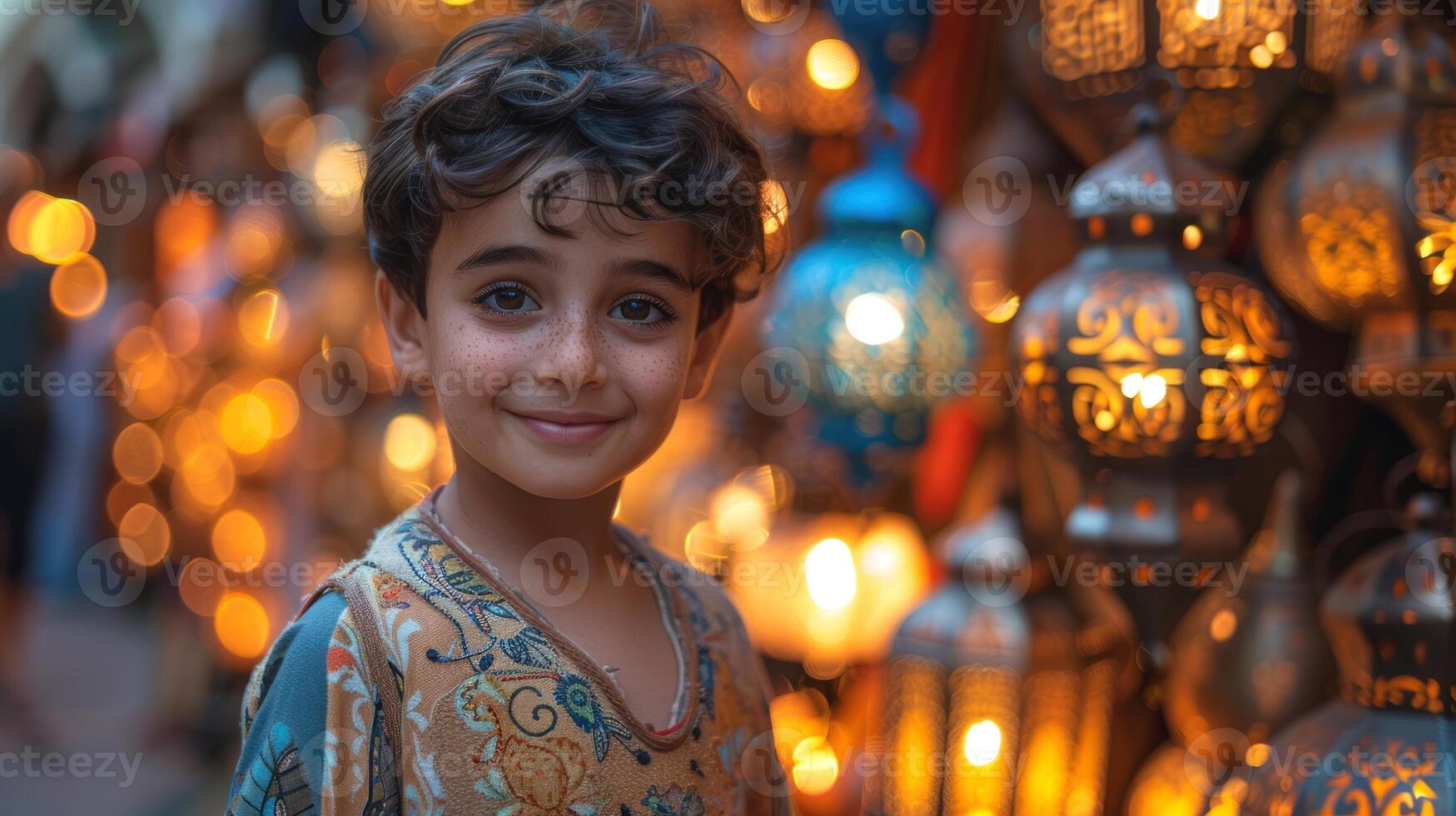 ai generato ai generativo foto di un' contento musulmano ragazzo con Ramadan lanterne nel strade