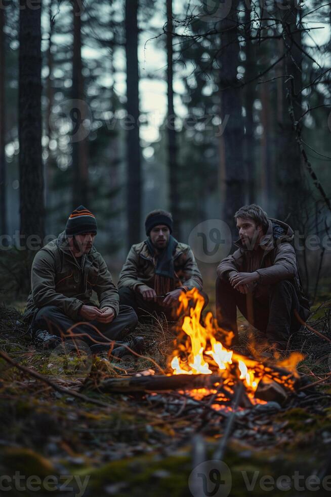 ai generato gruppo di amici godendo fuoco di bivacco nel foresta a crepuscolo foto