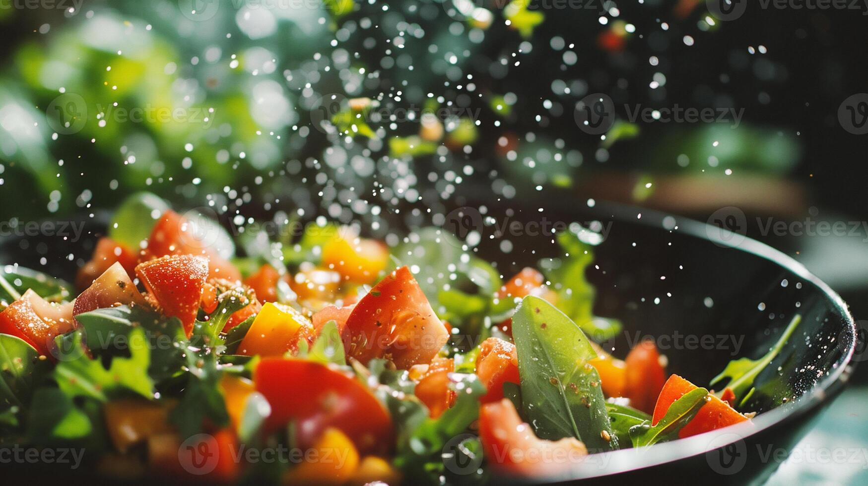 ai generato fresco verdura insalata con acqua spruzzo su buio sfondo. salutare cibo concetto foto