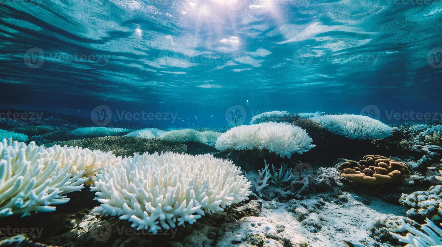 ai generato subacqueo Visualizza di corallo scogliera con luce del sole. tropicale subacqueo sfondo. foto