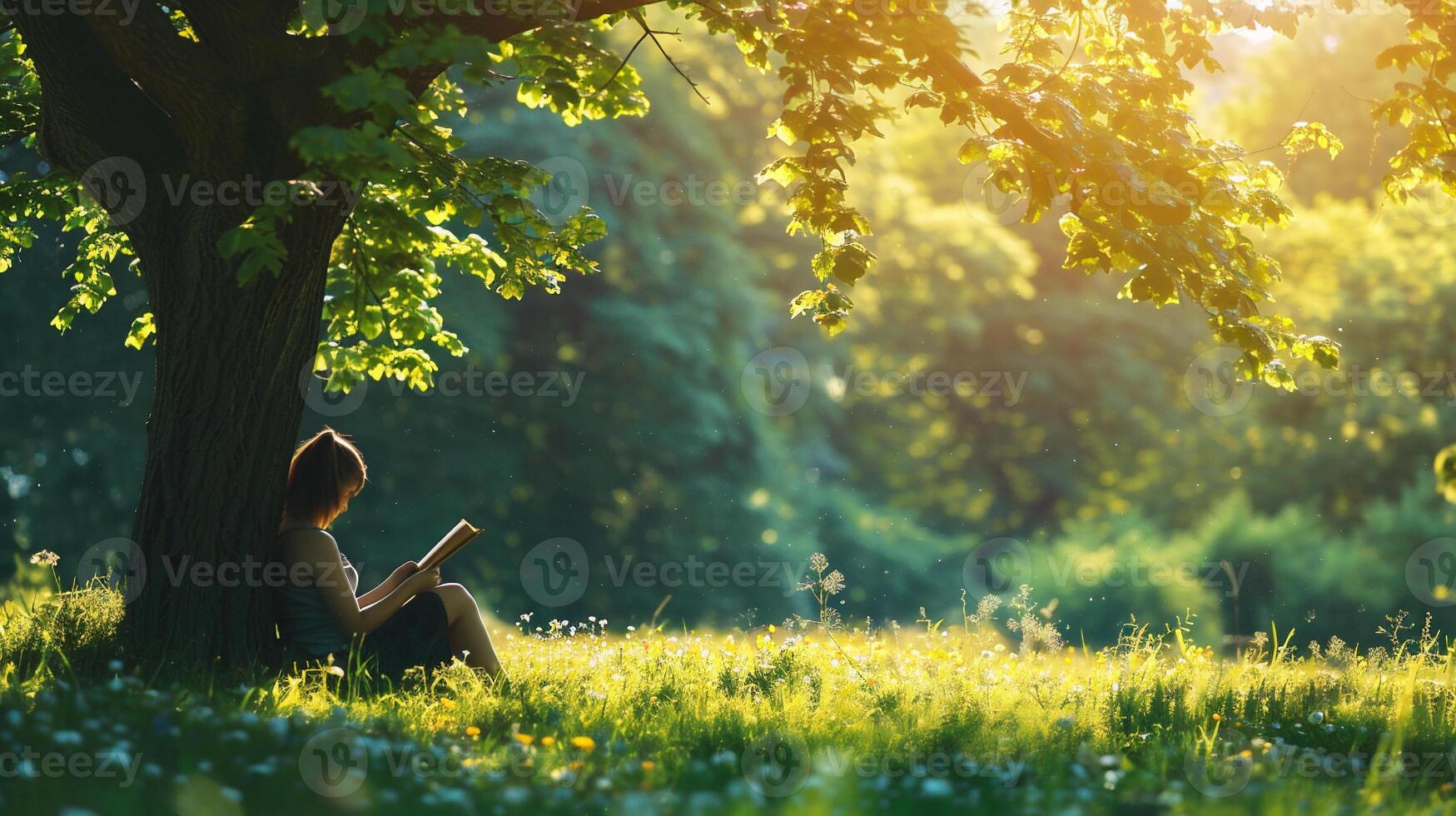 ai generato giovane donna lettura un' libro nel il parco a tramonto. bellissimo natura sfondo. foto