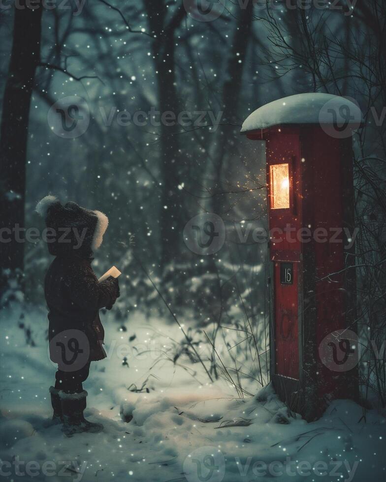 ai generato carino poco ragazzo nel il inverno foresta con rosso telefono cabina foto