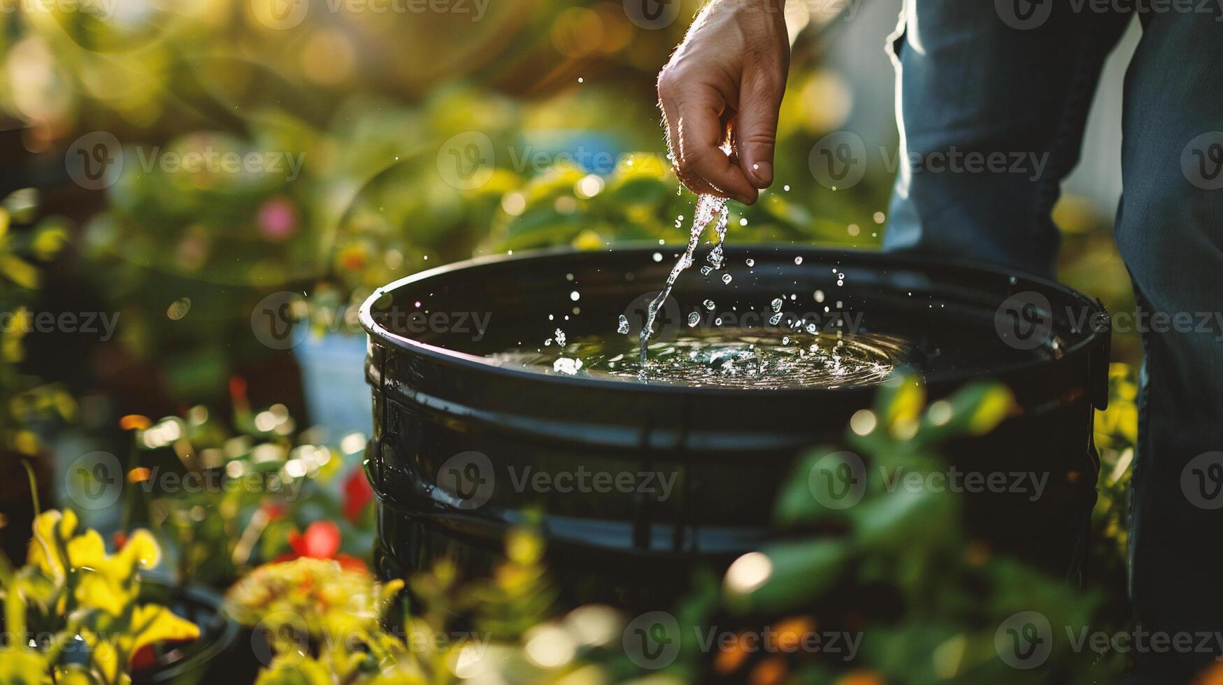 ai generato mani di un' uomo scrosciante acqua a partire dal un' irrigazione può nel un' giardino foto