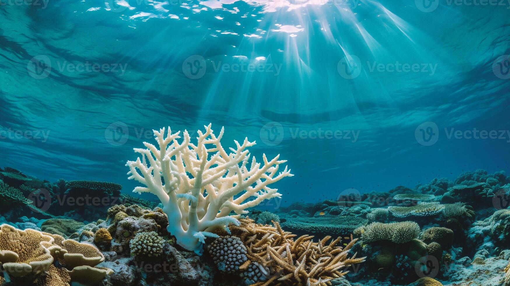 ai generato subacqueo Visualizza di corallo scogliera con luce del sole. tropicale subacqueo sfondo. foto