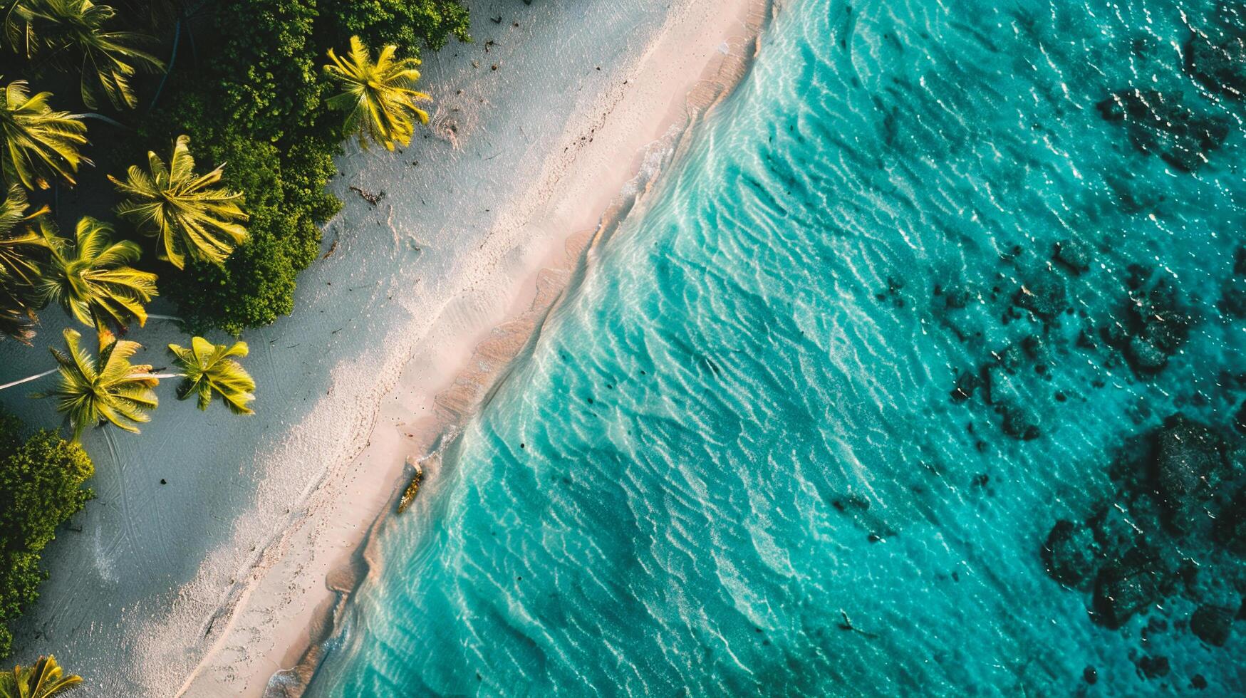 ai generato aereo Visualizza di bellissimo tropicale spiaggia e mare con Noce di cocco palma albero per viaggio e vacanza foto