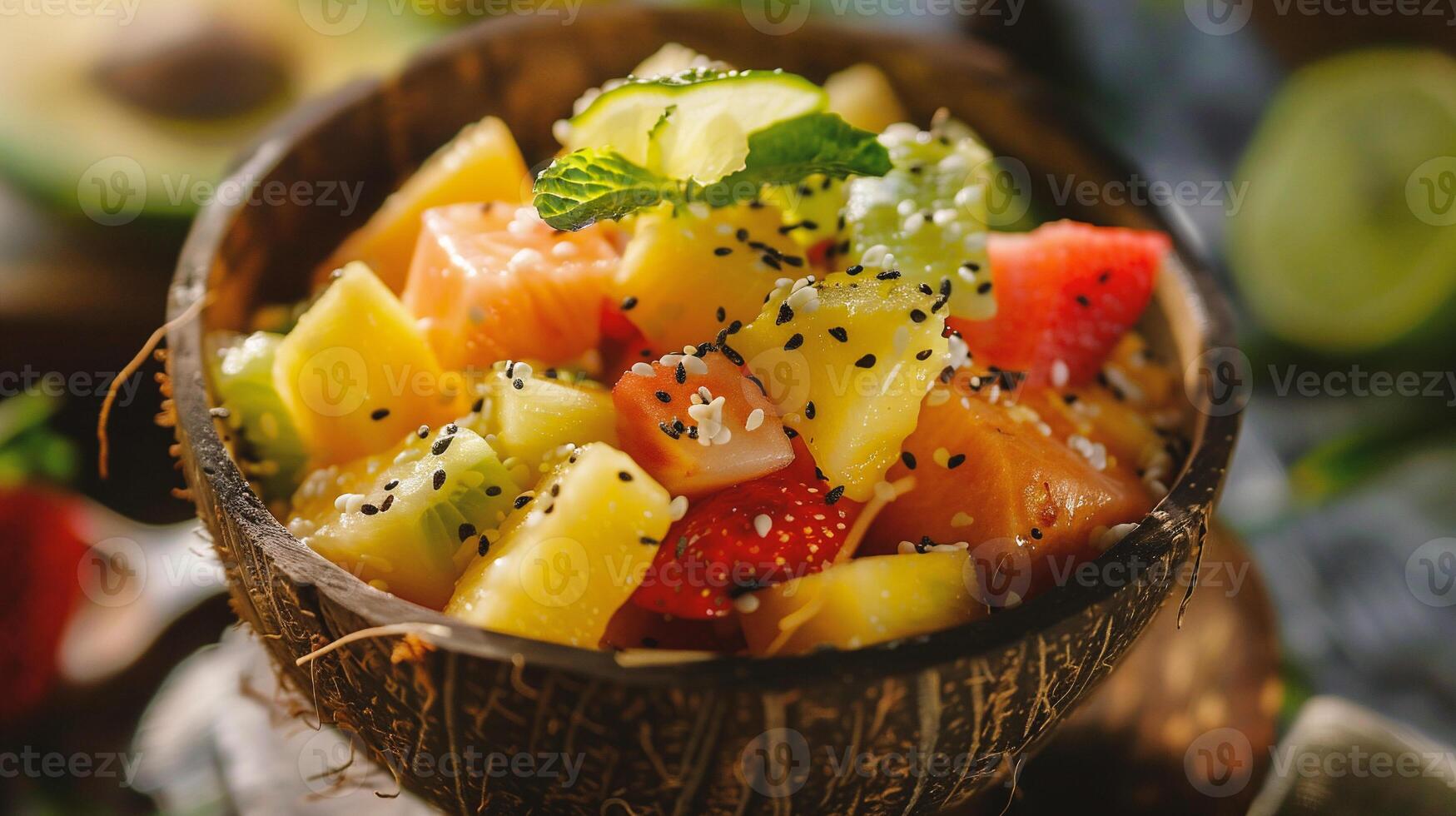 ai generato fresco frutta insalata con fragole, kiwi, Mango e Noce di cocco foto