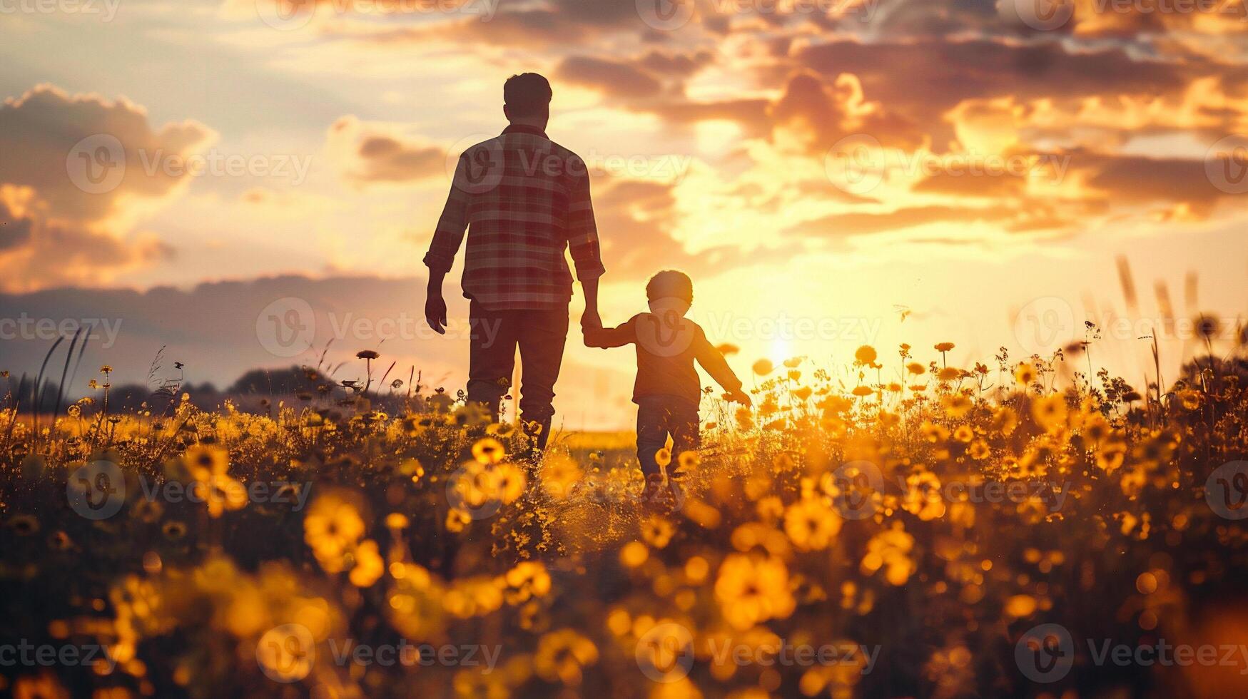 ai generato padre e figlio a piedi su fiore campo a tramonto. concetto di amichevole famiglia. foto