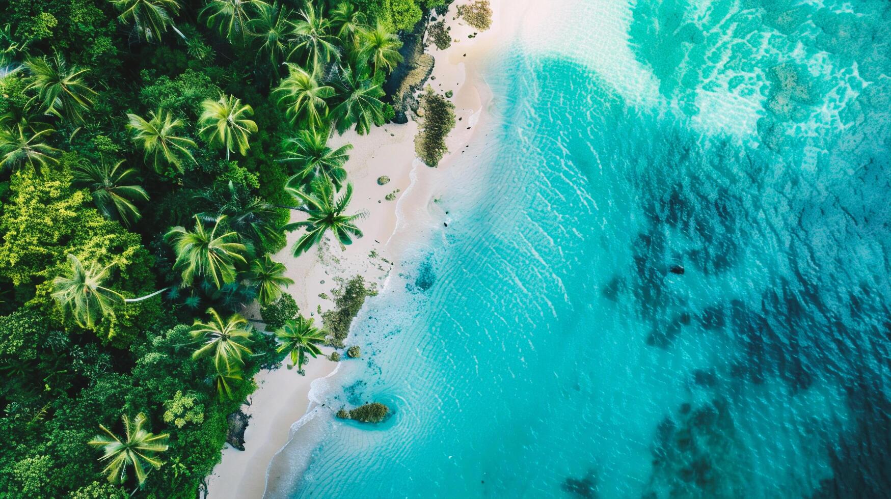 ai generato aereo Visualizza di bellissimo tropicale spiaggia e mare con Noce di cocco palma albero per viaggio e vacanza foto