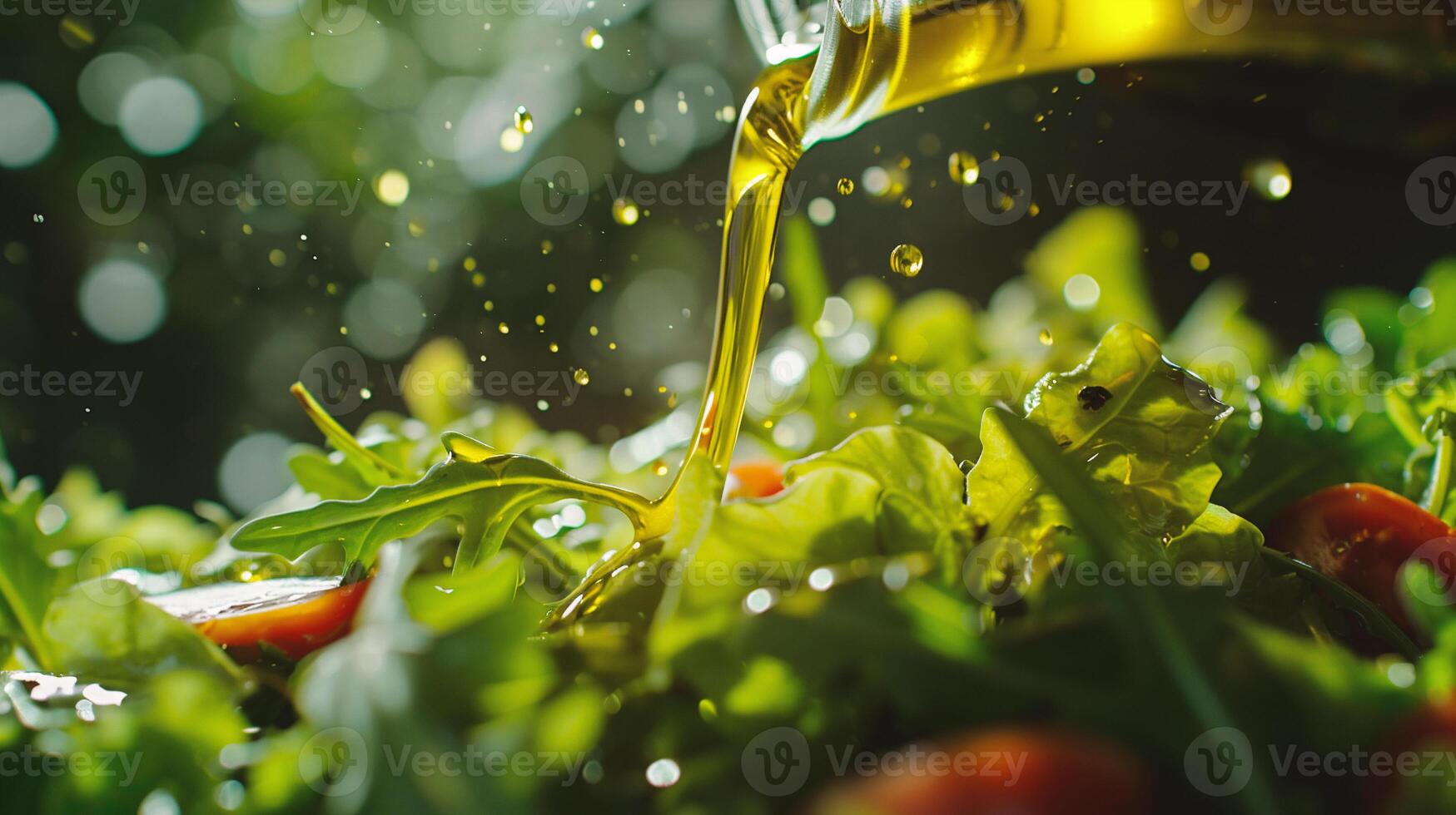 ai generato avvicinamento di scrosciante oliva olio a partire dal bottiglia in piatto con insalata foto