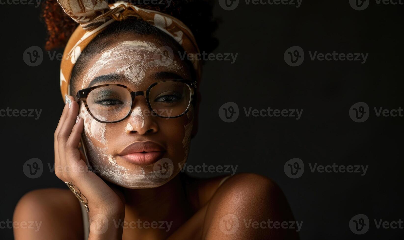 ai generato bellissimo africano americano donna l'applicazione viso maschera su nero sfondo. pelle cura, bellezza foto