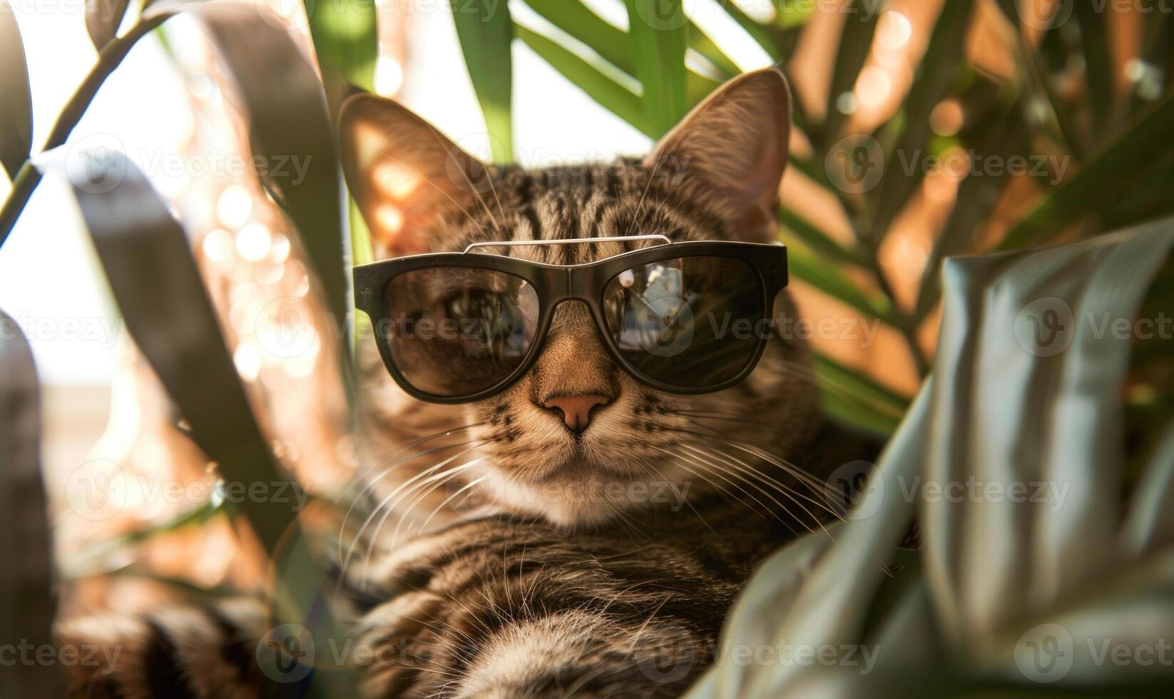 ai generato carino soriano gatto indossare occhiali da sole e seduta su un' verde foglia foto