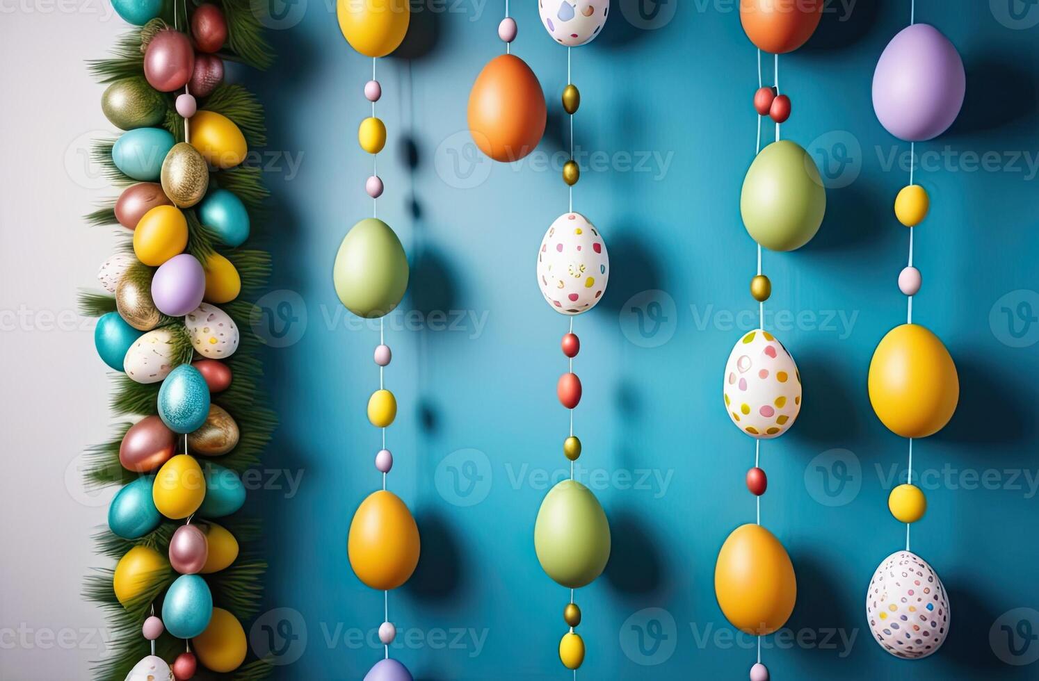 ai generato ghirlanda di colorato Pasqua uova - Pasqua arredamento avvicinamento. ai generato foto