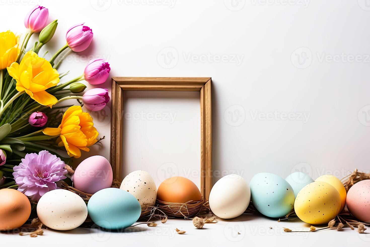 ai generato multicolore Pasqua uova telaio con primavera fiori - Pasqua carta con un' spazio per testo. rustico Pasqua sfondo foto