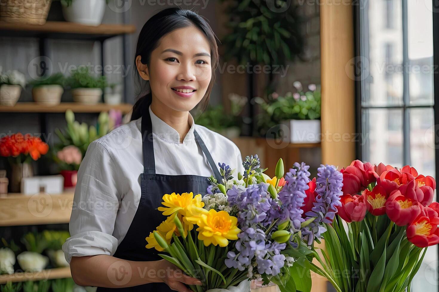 ai generato asiatico donna fioraio raccoglie un' mazzo di primavera fiori- fresco tagliare fiori nel vasi nel fiore negozio e cremagliere per saldi, consegna per il vacanza. molla, marzo 8, Da donna giorno, compleanno. foto