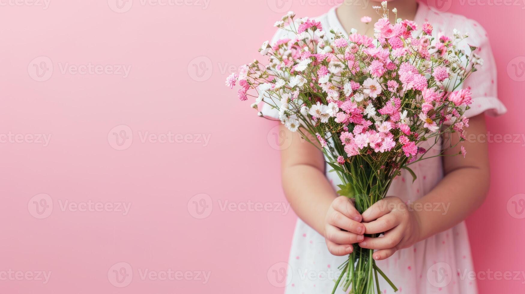 ai generato bambino hold mazzo di fiore isolato su rosa sfondo foto
