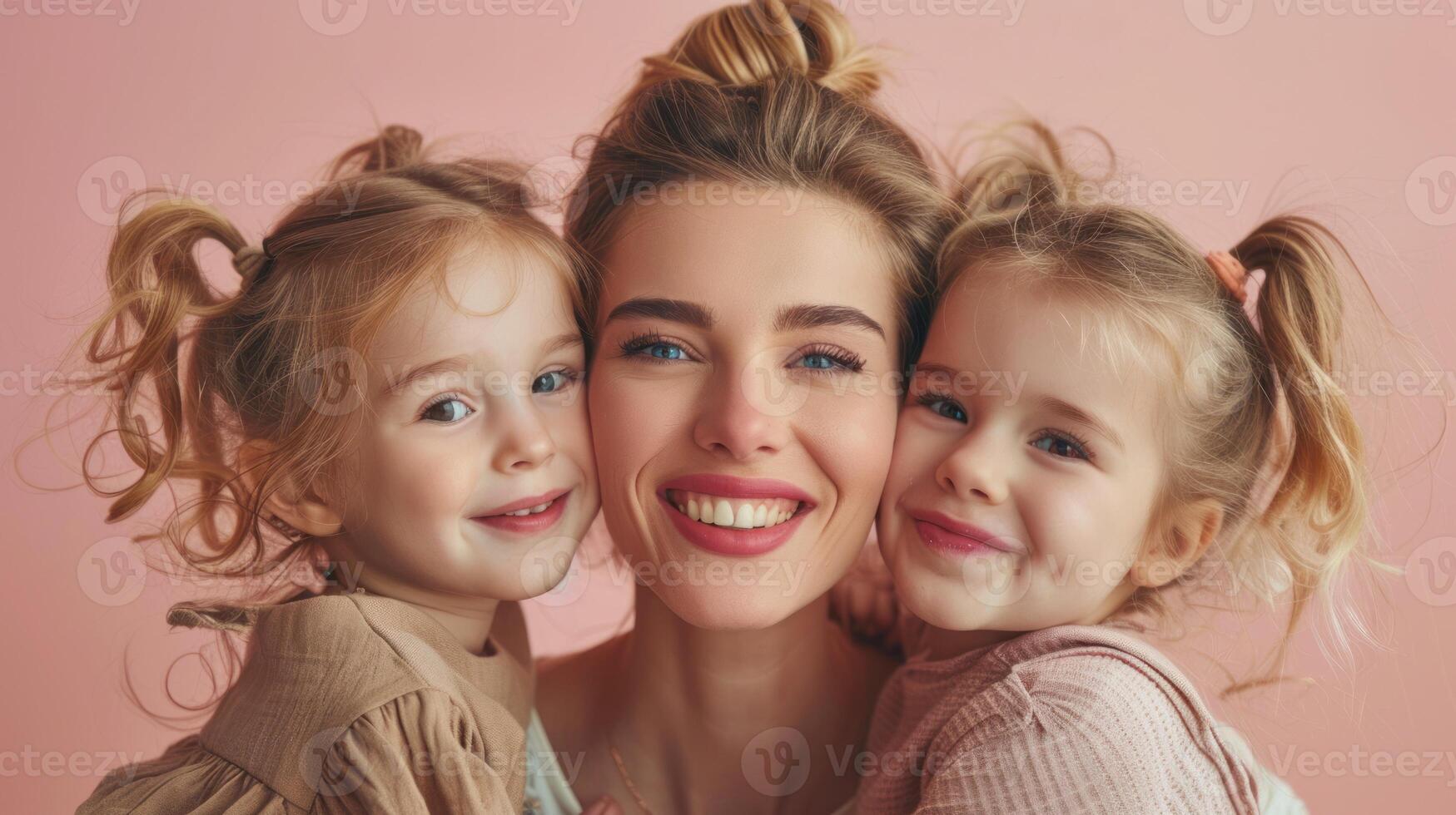 ai generato contento madre con sua Due figlie nel madre giorno foto