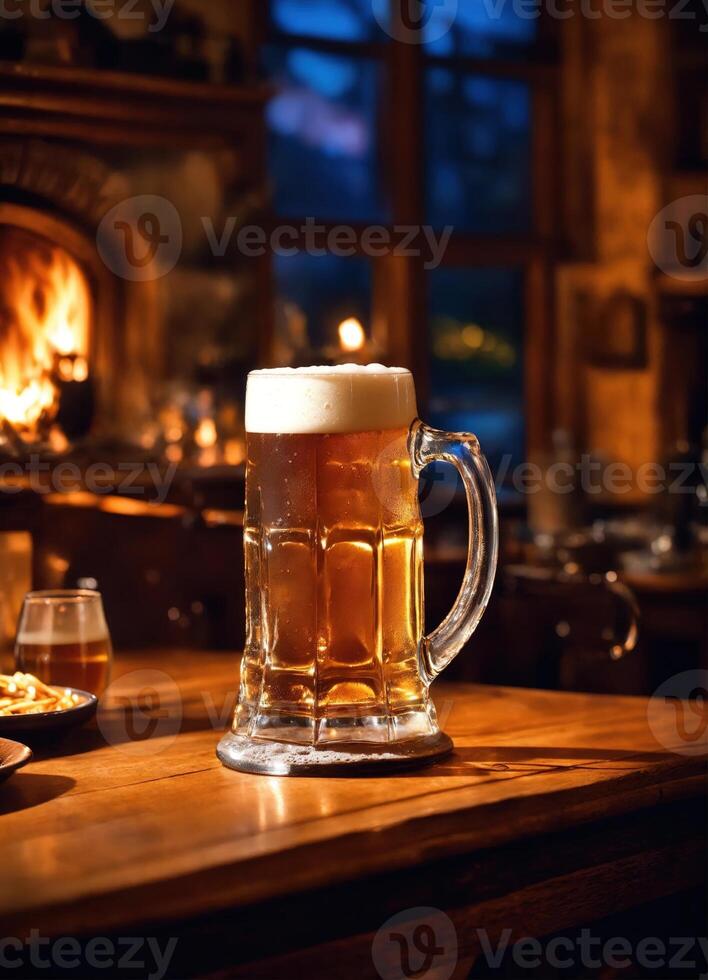 ai generato boccale di birra su un' di legno tavolo nel un' pub o sbarra. ai generativo foto