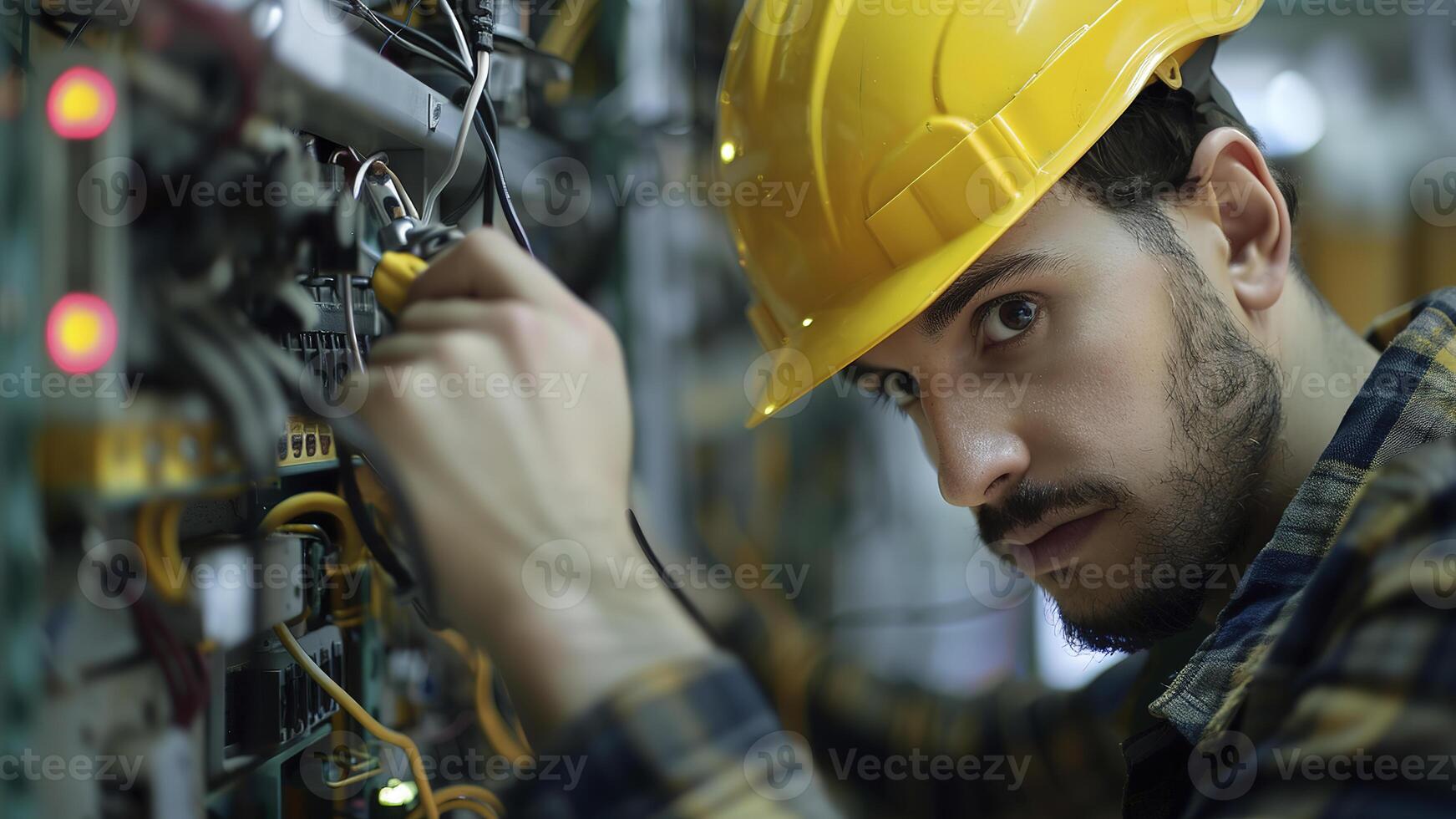 ai generato ritratto di un' elettricista nel un' casco, elettricista ingegnere con giallo casco a il postazione di lavoro, elettricista lavoratore fare un' opera foto