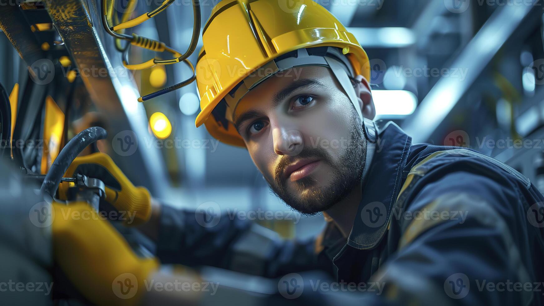 ai generato ritratto di un' elettricista nel un' casco, elettricista ingegnere con giallo casco a il postazione di lavoro, elettricista lavoratore fare un' opera foto