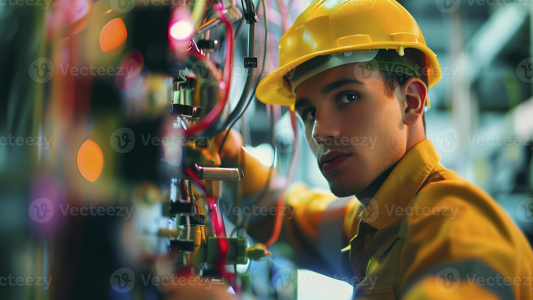 ai generato ritratto di un' elettricista nel un' casco, elettricista ingegnere con giallo casco a il postazione di lavoro, elettricista lavoratore fare un' opera foto