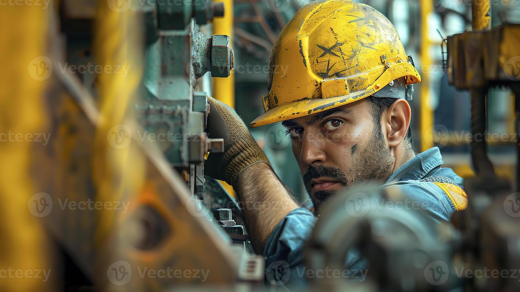 ai generato ritratto di un' costruzione lavoratore nel un' casco, costruzione lavoratore con giallo casco a il postazione di lavoro, costruzione lavoratore fare un' opera foto