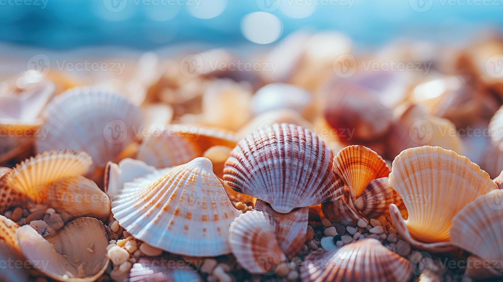 ai generato avvicinamento di mazzo di vario colorato conchiglie su riva del mare nel sabbia contro fondale di mare su soleggiato estate giorno foto