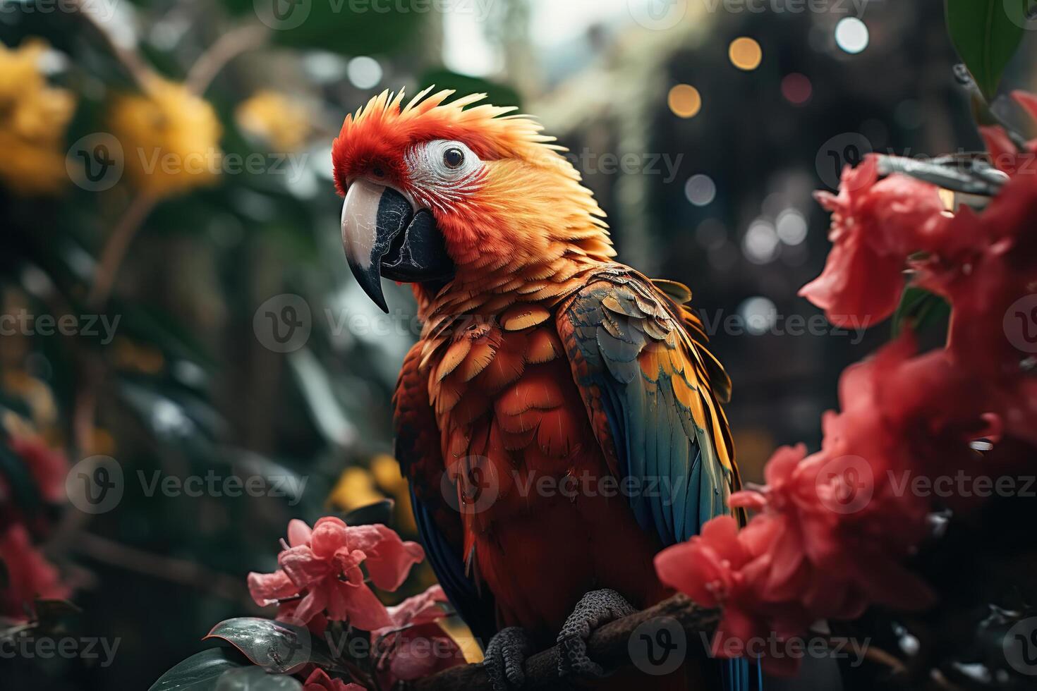 ai generato bellissimo ara pappagallo nel giungla, tropicale esotico uccello seduta su ramo e guardare a telecamera nel natura foto