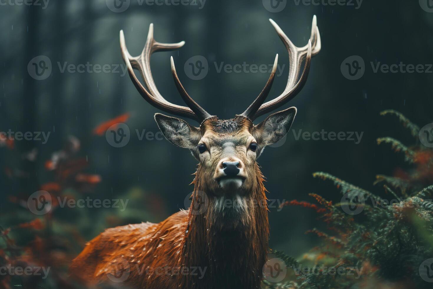 ai generato bellissimo cervo con corna nel autunno foresta guardare a telecamera all'aperto, ritratto di un' selvaggio animale foto